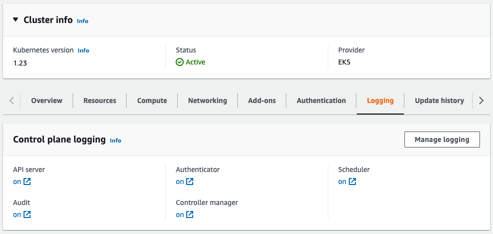 EKS Console Logging Tab